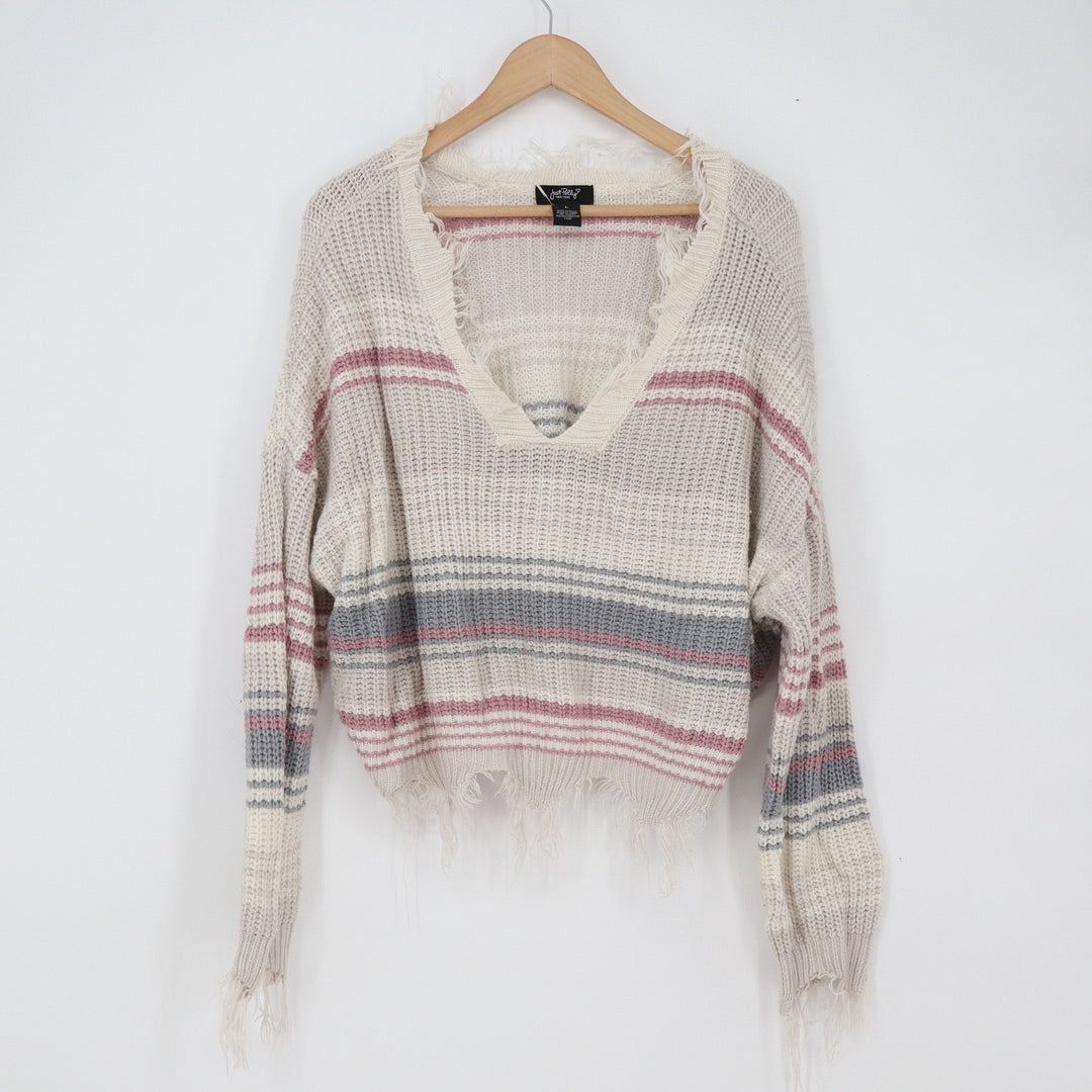 Just Polly Sweater Womens L Distressed V-Neck Cream Pink Striped Grunge Exc