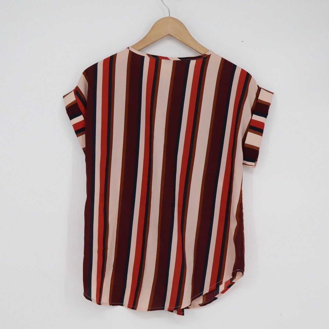 Speed Limit MPH Womens V-Neck Striped Blouse Rust Burgundy Button Shoulder L