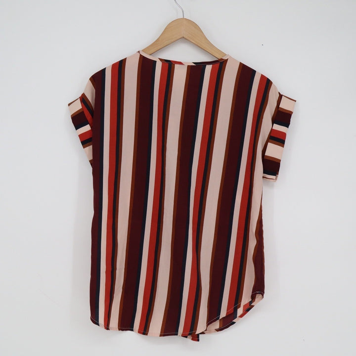 Speed Limit MPH Womens V-Neck Striped Blouse Rust Burgundy Button Shoulder L