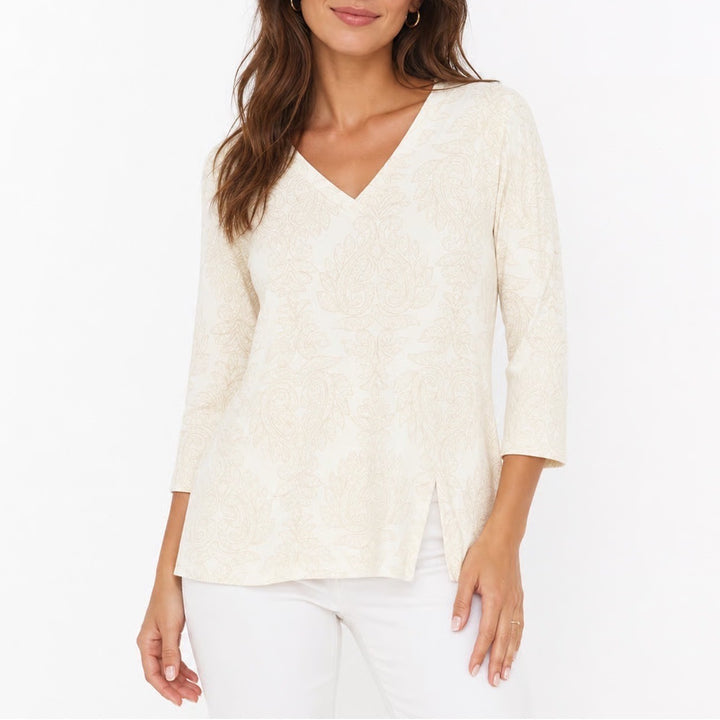 Olima Womens XL Cream Tan Paisley Damask V-Neck 3/4 Sleeve Cotton Top USA Made