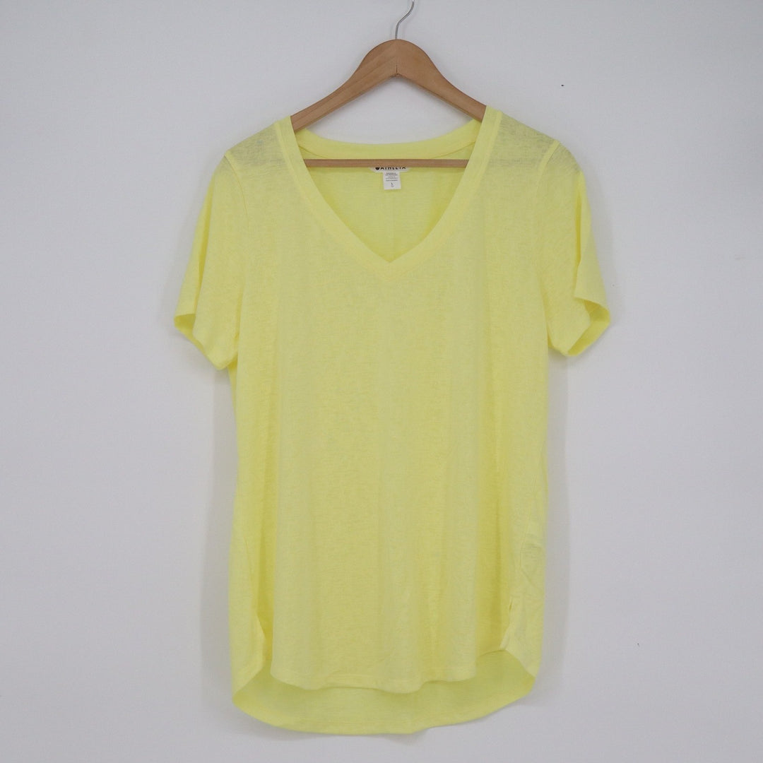 Athleta Womens Yellow V-Neck Short Sleeve Tencel Modal Blend Tee Size L