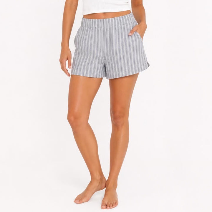 Old Navy Blue White Striped Linen Blend Comfort Waistband Shorts Womens Medium