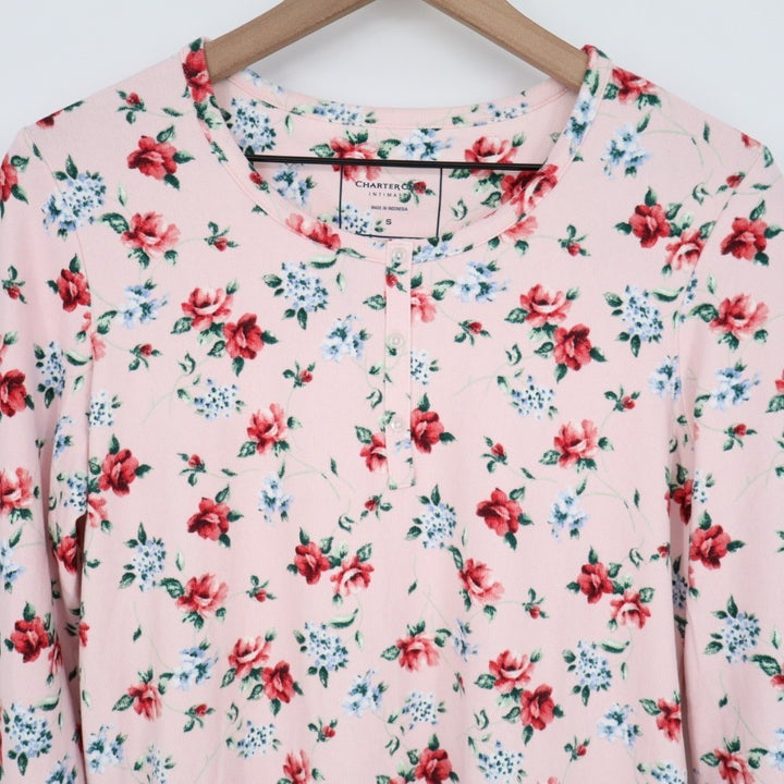 Charter Club Intimates Pajama Shirt Womens Small Pink Floral Knit Long Sleeve