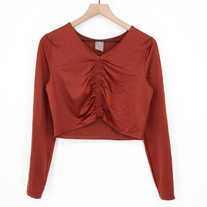Calia Red Brown Shine Ruched Long Sleeve Cropped Swim Top UPF 50+ L