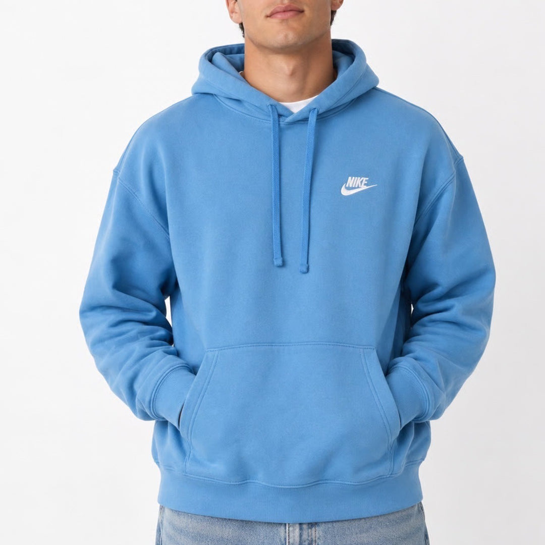 Nike Mens Fleece Pullover Hoodie Light Blue Embroidered Logo Sweatshirt M
