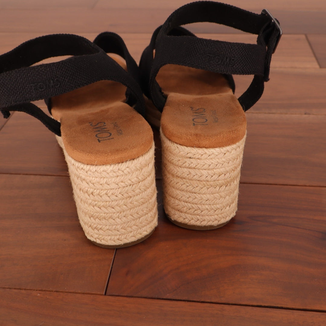 Toms Kiki Strappy Womens US 9 Black Ankle Strap Block Heel Espadrille Sandals