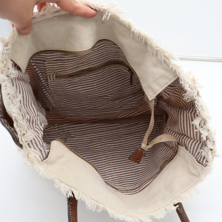 Creative Leather Art Sel de Mer Paris Canvas Tote Bag Cream Brown Frayed Edge