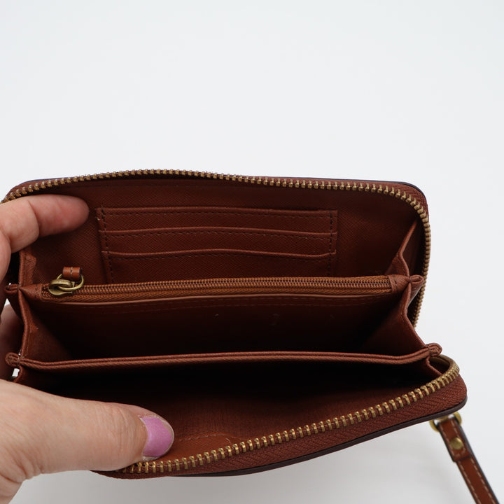 Fossil Emma Womens Brown Faux Leather Inner Pockets Zip Around Wristlet Wallet