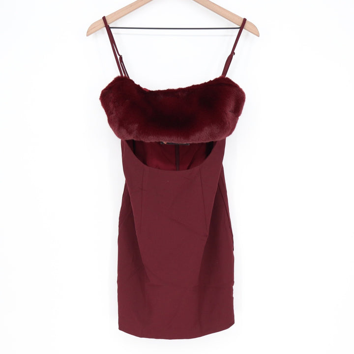 Naked Wardrobe Marron Burgundy Faux Fur Trim Cutout Mini Dress S