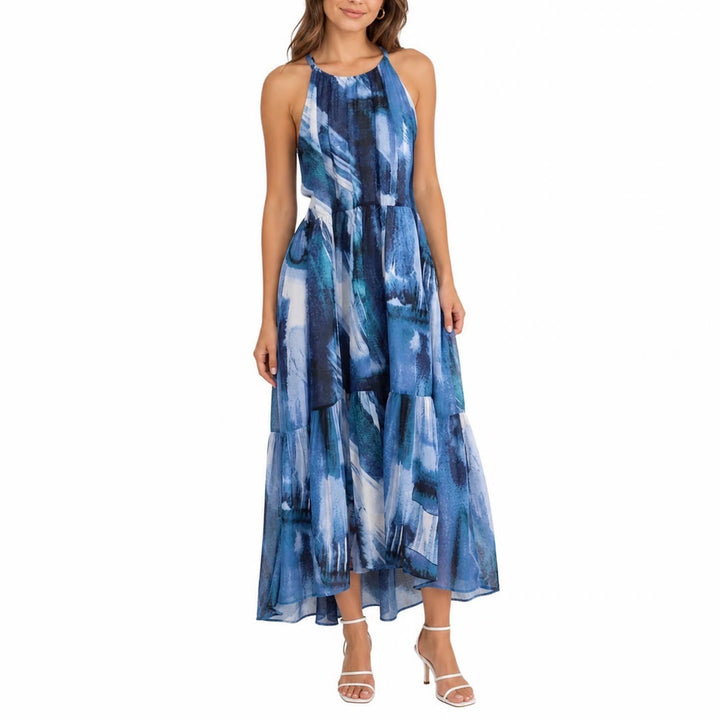Vince Camuto Blue Abstract Brushstroke Halter Tiered Maxi Dress 20W Plus Size