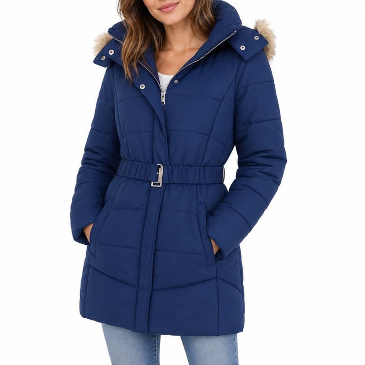 Banana Republic Womens Blue Quilted Puffer Parka Faux Fur Hood Belted Coat L