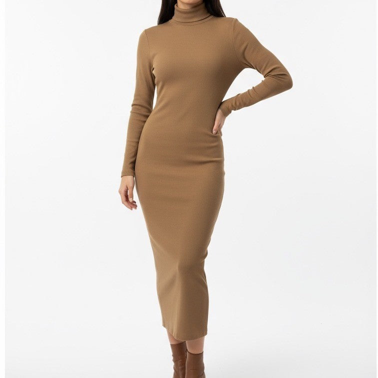 AG Adriano Goldschmied Ribbed Knit Turtleneck Midi Dress Camel Brown Size S