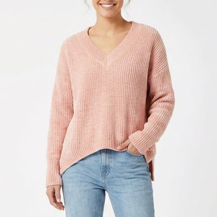 Primark Womens Peach Pink Ribbed Chenille V-Neck Oversized Sweater Size M L