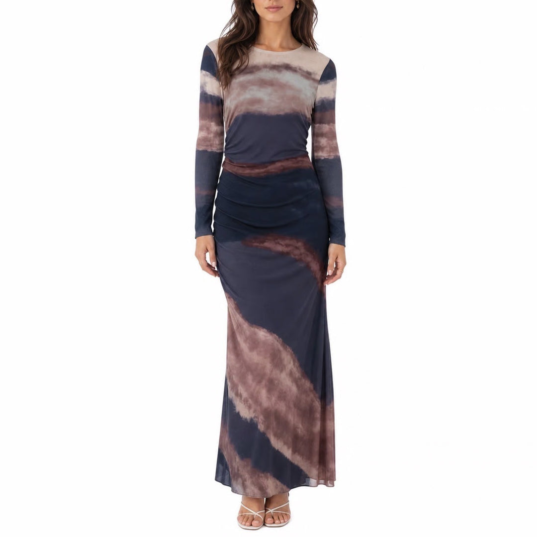 Luxury Women Navy Mauve Tie Dye Ruched Long Sleeve Mesh Maxi Dress Size S