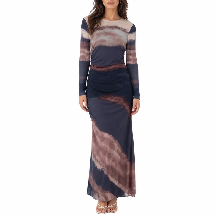Luxury Women Navy Mauve Tie Dye Ruched Long Sleeve Mesh Maxi Dress Size S