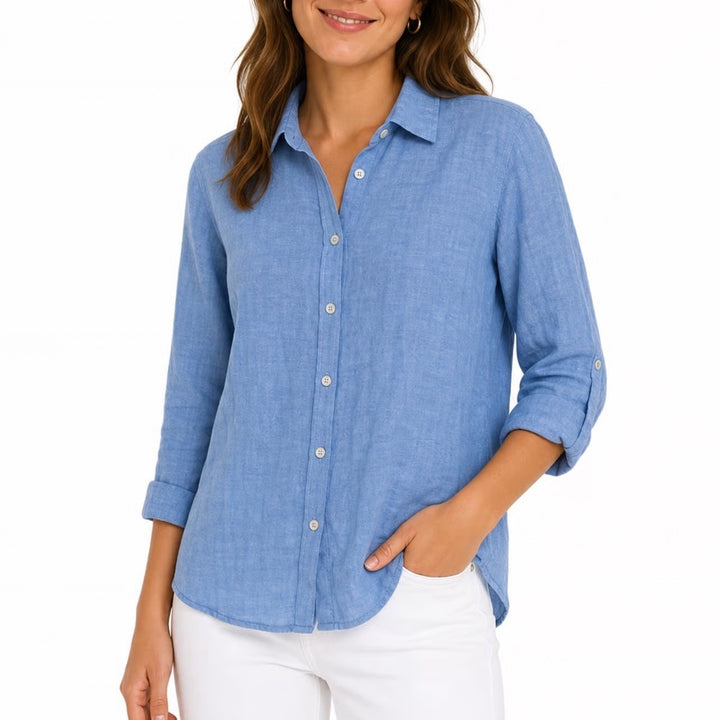 Orvis Classic Collection Blue Linen Blend Button Down Shirt Womens Medium