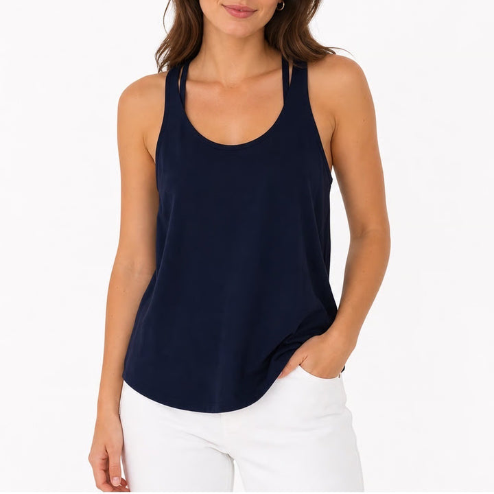 White + Warren Navy Blue White Colorblock Racerback Tank Top Cotton Linen Size M