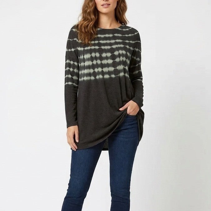 She + Sky Tunic Top Womens Large Black Tie Dye Twist Front Asymmetrical Hem