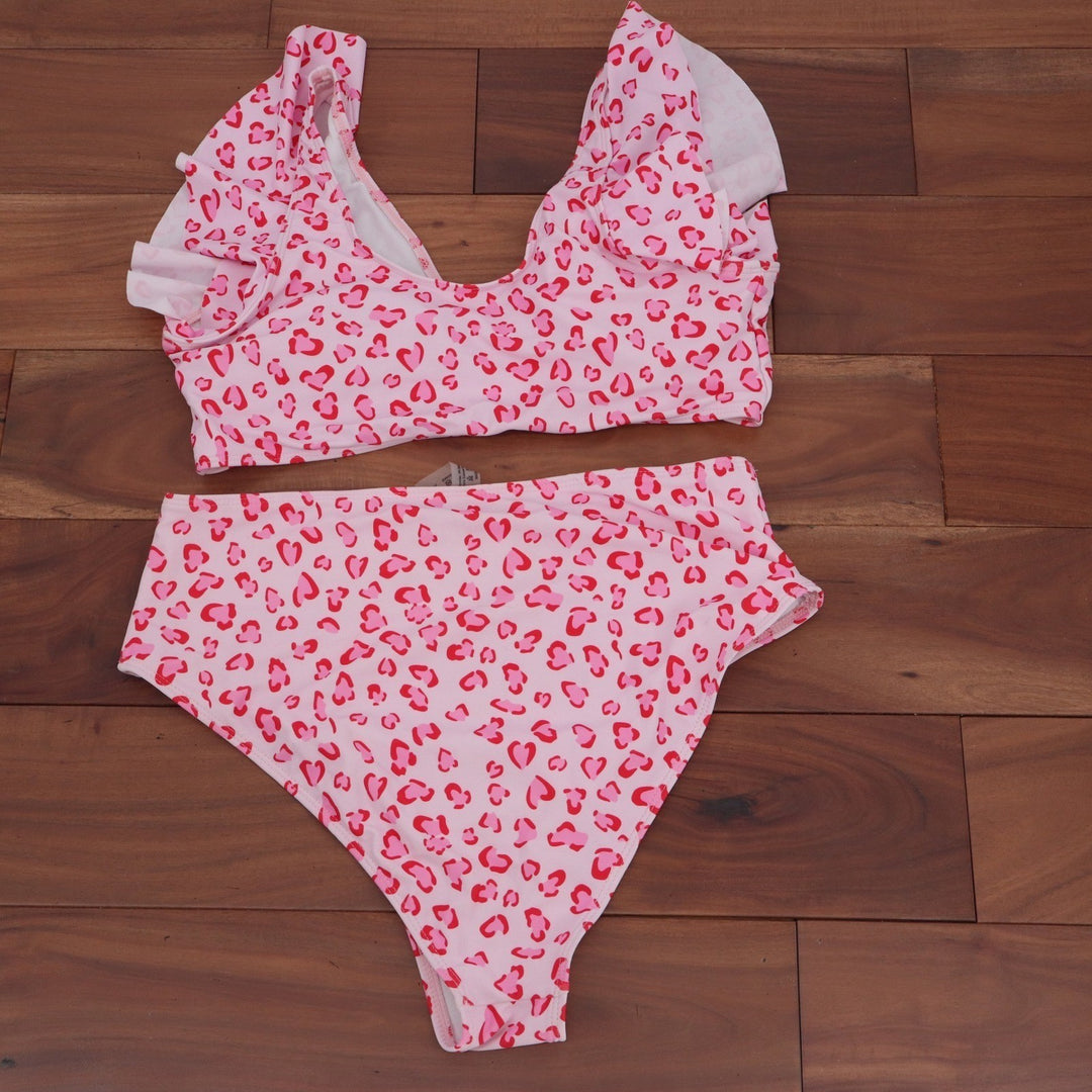 Pink Heart Leopard Print Ruffle V-Neck High Waisted Bikini Set XL