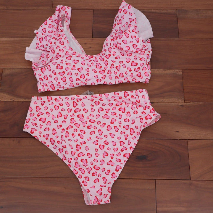 Pink Heart Leopard Print Ruffle V-Neck High Waisted Bikini Set XL