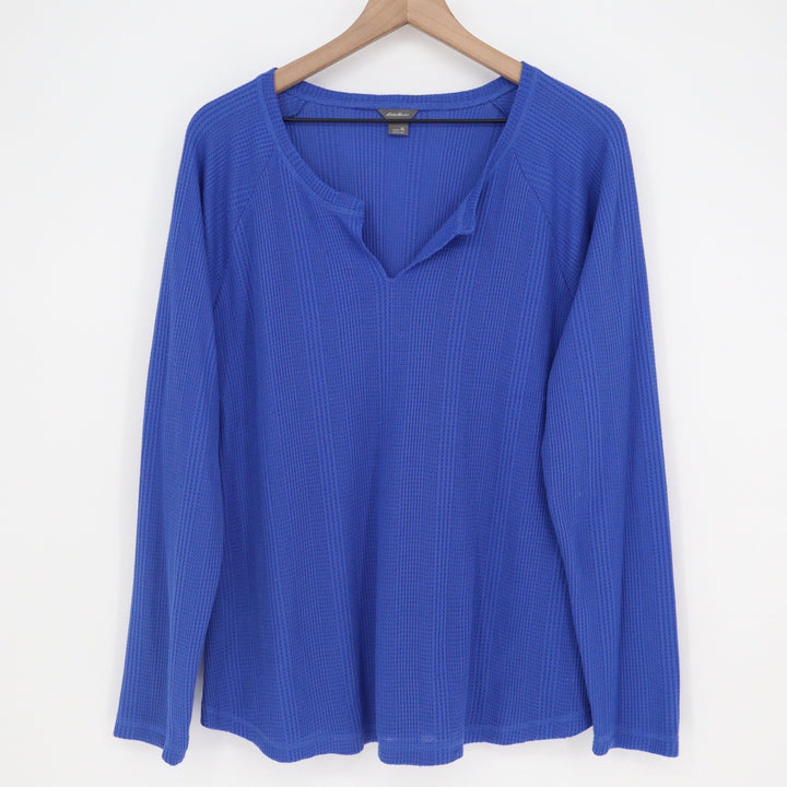Eddie Bauer Womens XL Blue Waffle Knit Split Neck Raglan Long Sleeve Top