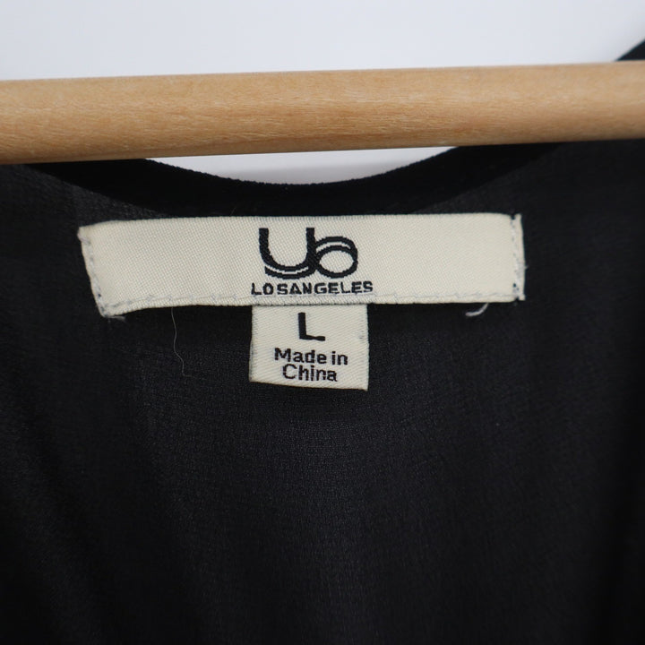 YA Los Angeles Black V-Neck Blouse Short Sleeve Ladder Cutout Sheer Back Large