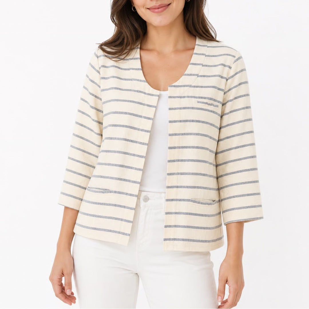 Merona Womens XL Linen Striped Blazer Cream Blue Collarless 3/4 Sleeve Jacket