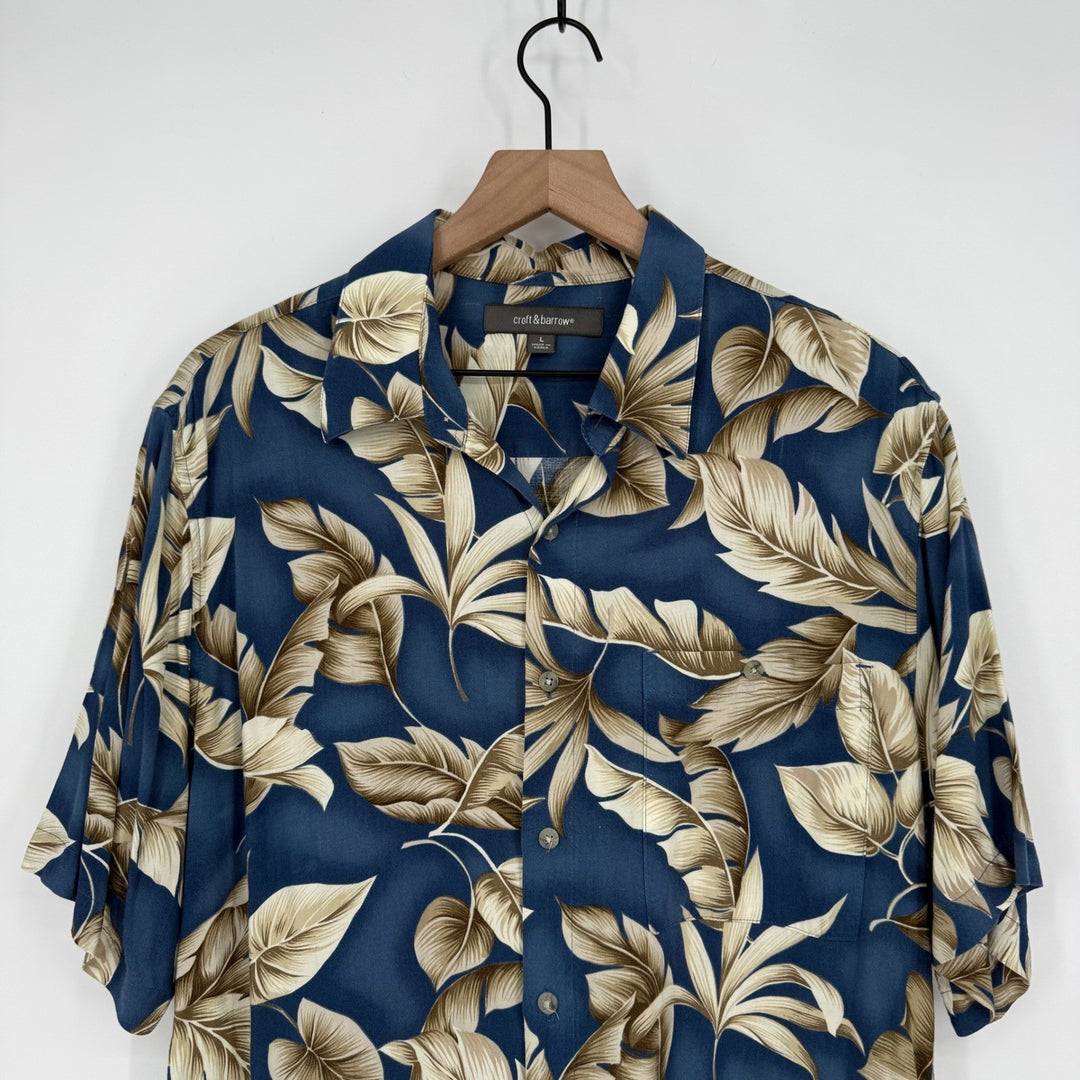 Croft & Barrow Mens Blue Tropical Leaf Print Short Sleeve Button Up Shirt Size L