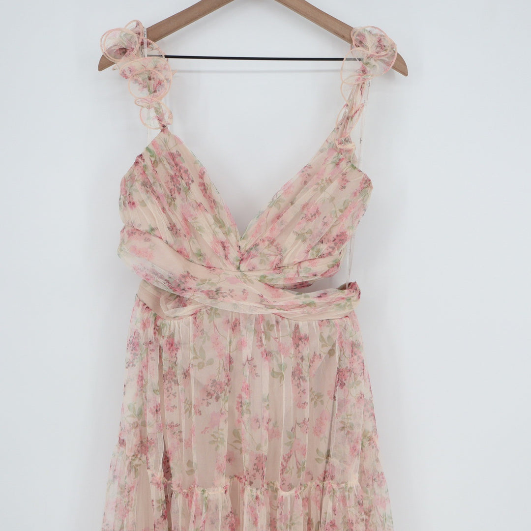 Lulus Pink Floral Tulle Cutout Tiered Maxi Dress MM21936L XL
