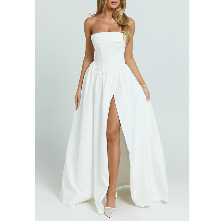 Showpo Jeannie Maxi Dress Off White Corset Panel High Split Strapless Size 16
