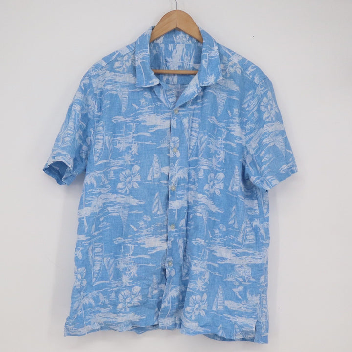 Unbranded Blue White Tropical Sailboat Hawaiian Short Sleeve Button Down Shirt
