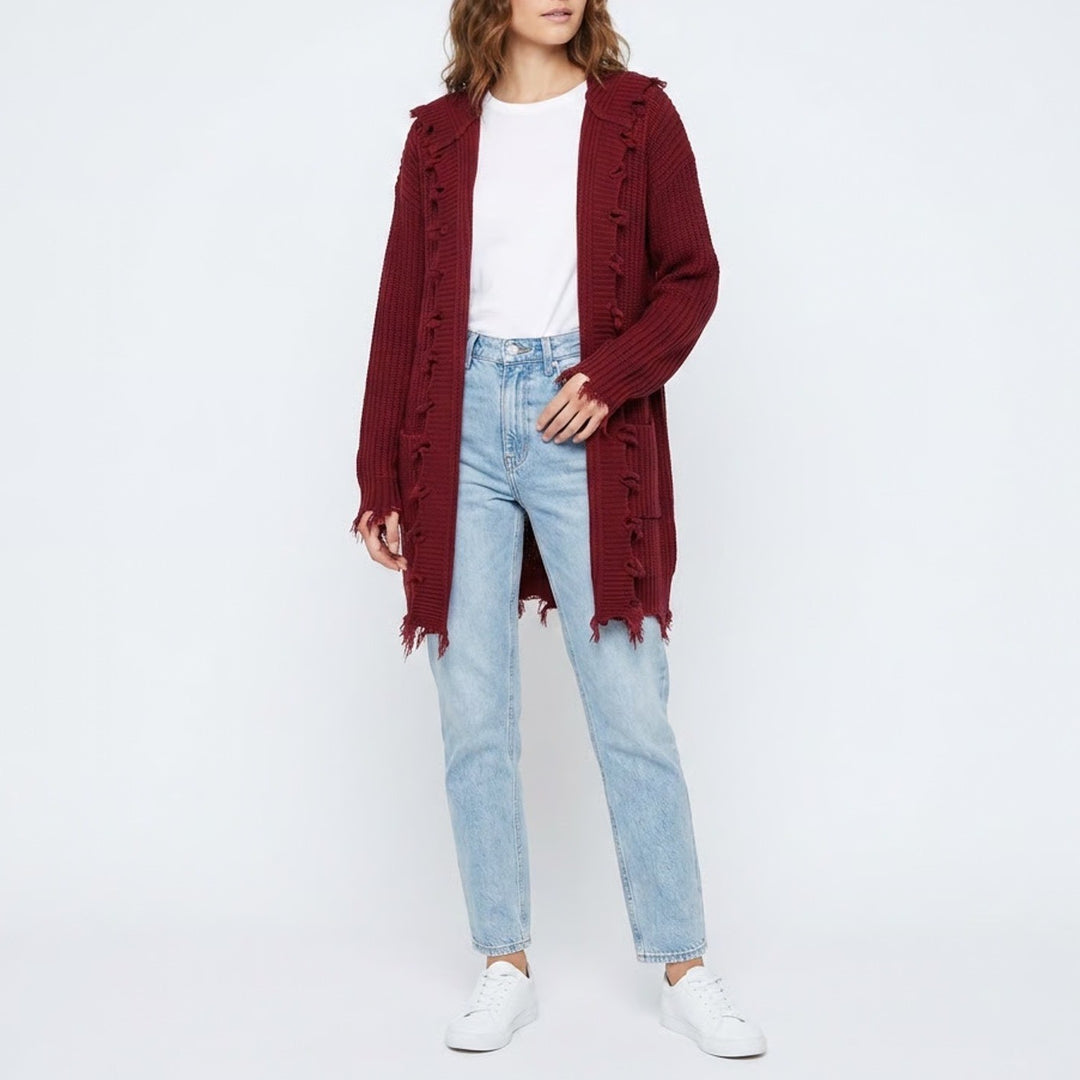 Derek Heart Cardigan Sweater Womens XL Red Acrylic Distressed Hooded Open Front