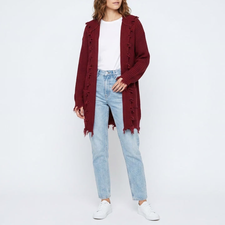 Derek Heart Cardigan Sweater Womens XL Red Acrylic Distressed Hooded Open Front