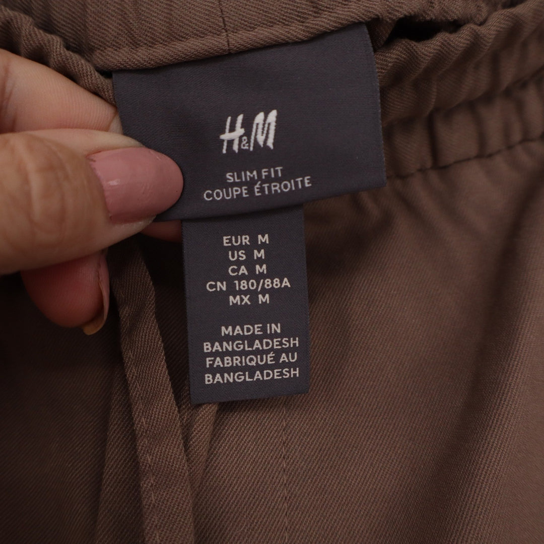 HM Mens Slim Fit Drawstring Trousers Brown Elastic Waist Pants Medium