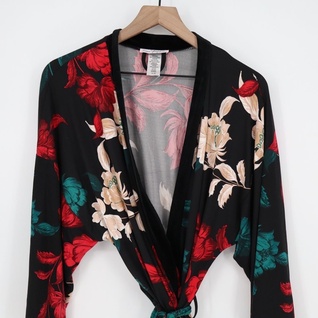 Linea Donatella Set Women XL Black Red Floral Wrap Kimono Cardigan & Pants