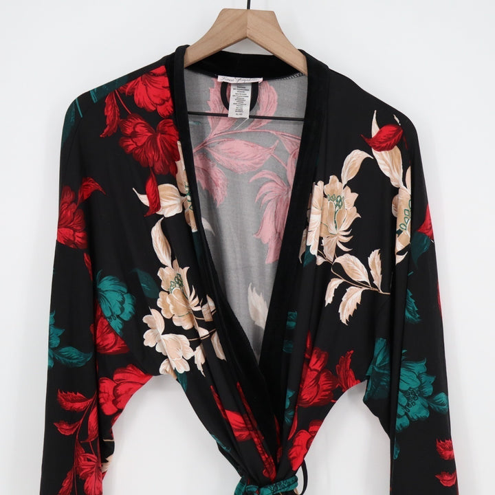 Linea Donatella Set Women XL Black Red Floral Wrap Kimono Cardigan & Pants