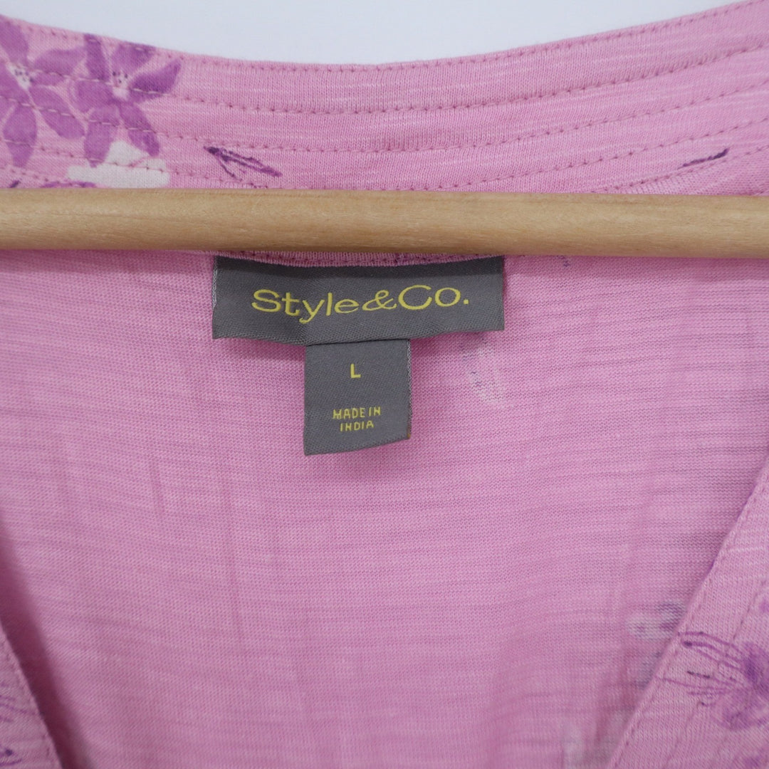Style & Co Womens Pink Floral V-Neck Pintuck Long Sleeve Blouse Top Size L