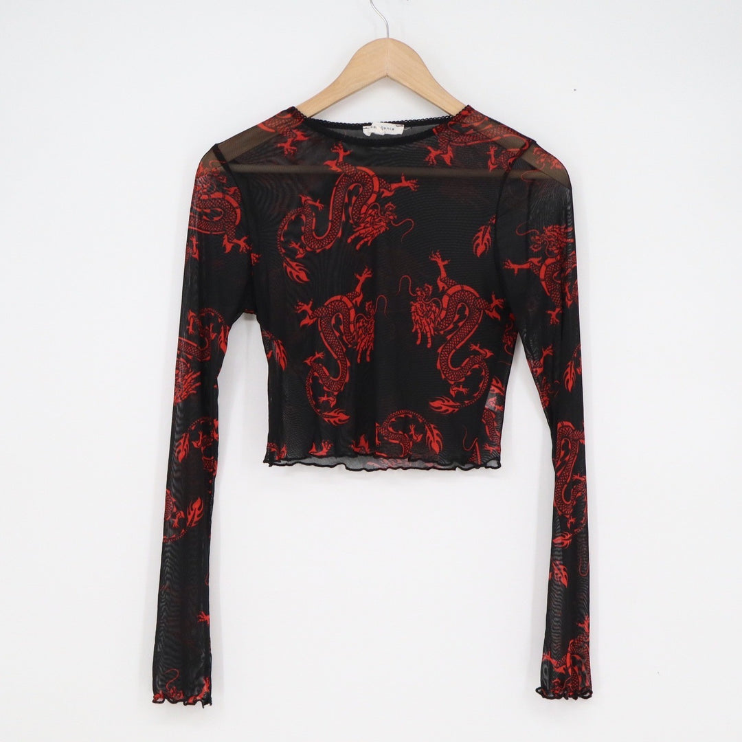 Bear Dance Womens Black Red Dragon Mesh Long Sleeve Crop Top Large