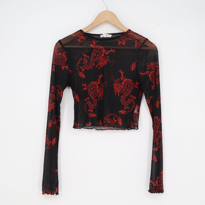 Bear Dance Womens Black Red Dragon Mesh Long Sleeve Crop Top Large