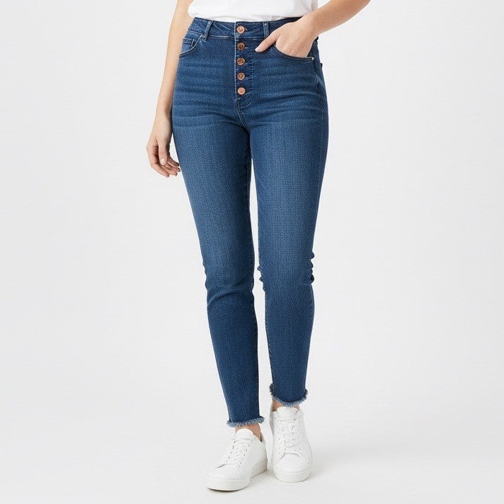 Express Jeans Womens 12R Medium Wash Button Fly High Rise Skinny Cropped Raw Hem