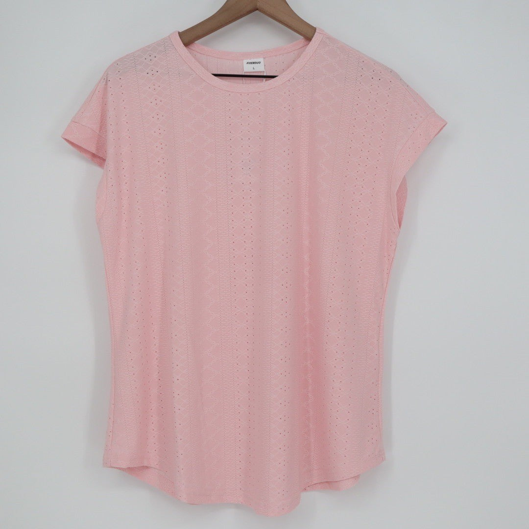 Athletic Works Pink Athleisure Top Mesh Overlay Round Neck Short Sleeve Size L
