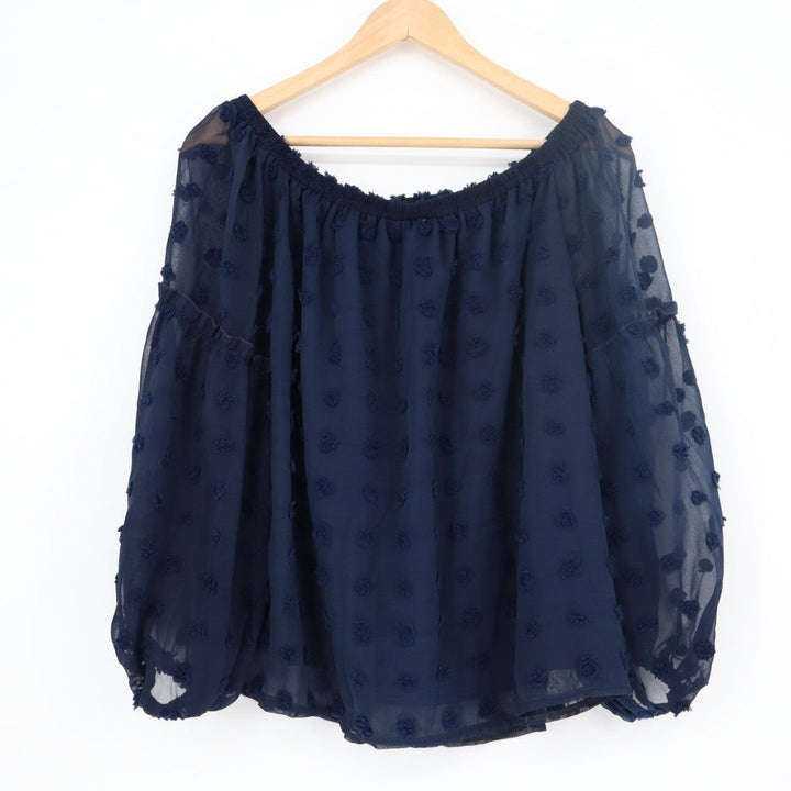Chiffon Blouse Womens L Blue Swiss Dot Lantern Balloon Sleeve Off The Shoulder