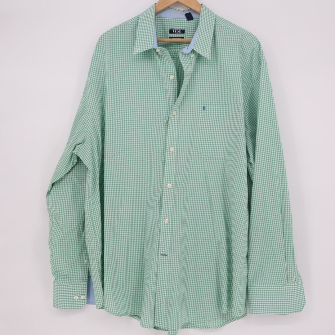 Izod Shirt Mens 2XL Green White Gingham Check Stretch Long Sleeve Button Down