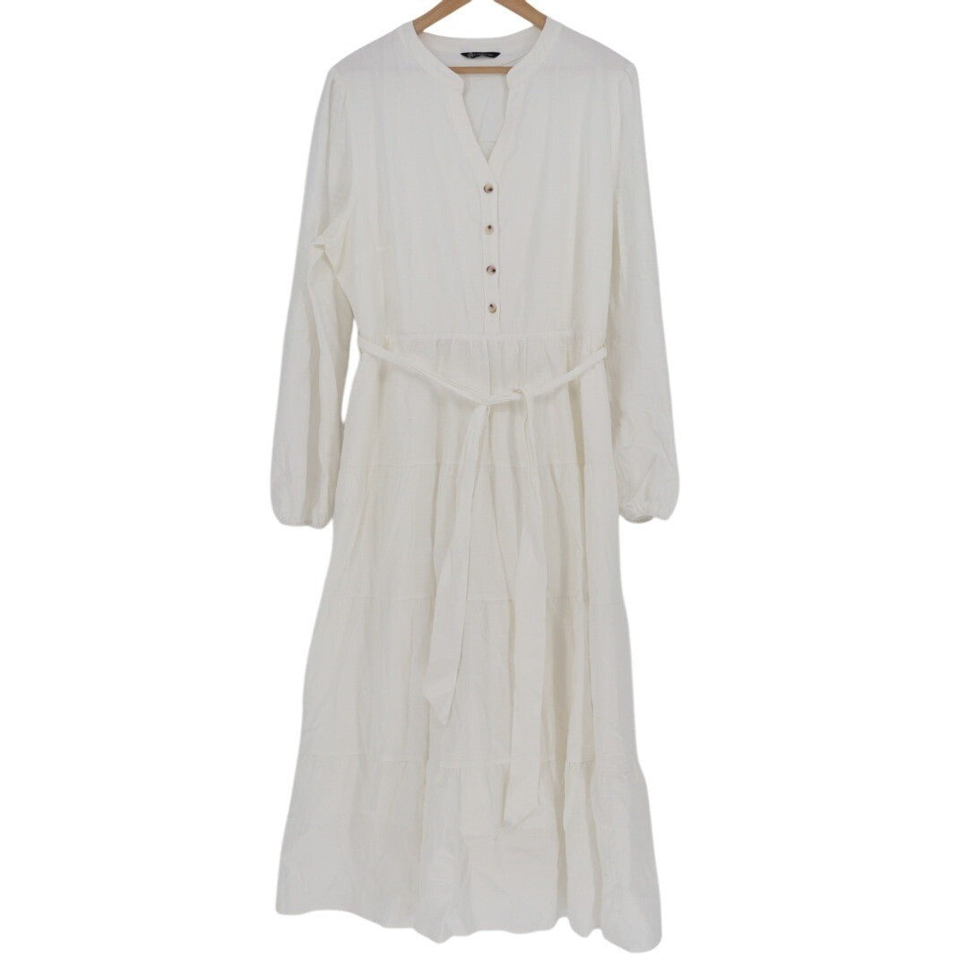 Pretty Garden White Cotton Viscose Tiered Maxi Dress Belted Long Sleeve XXL