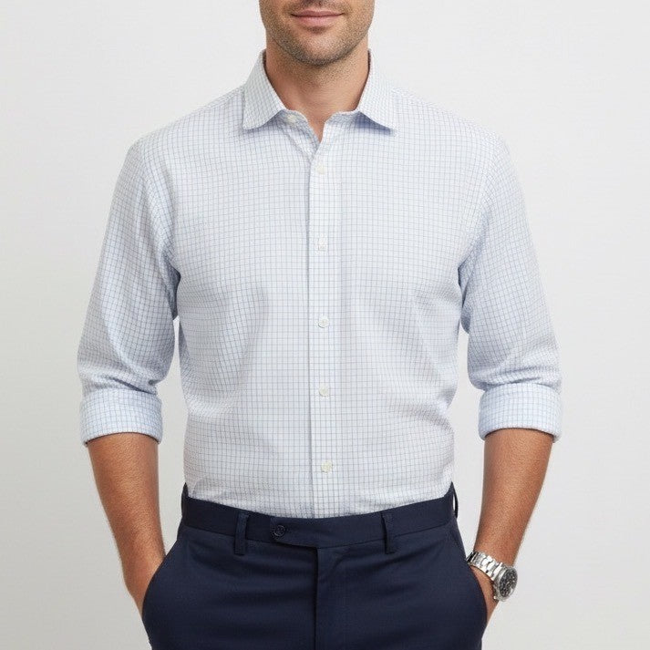 Wilkes & Riley Mens Classic Fit Plaid Dress Shirt 17 1/2 x 36 Blue White Cotton