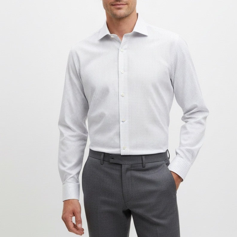 Wilkes & Riley Classic Fit 17 1/2 x 36 White Blue Grid Supima Cotton Dress Shirt