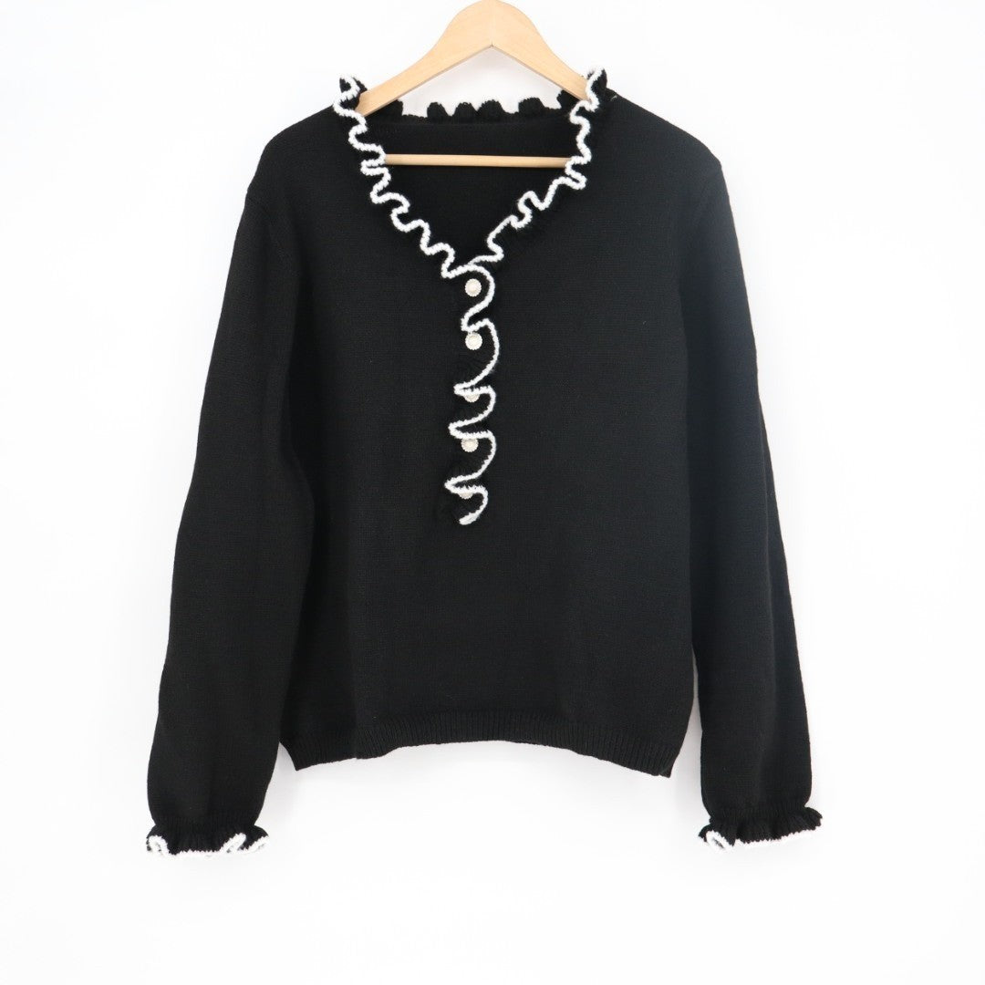 Sweater Women's XL Black Knit Ruffle Neck Long Sleeve Outdoor Everyday Wear