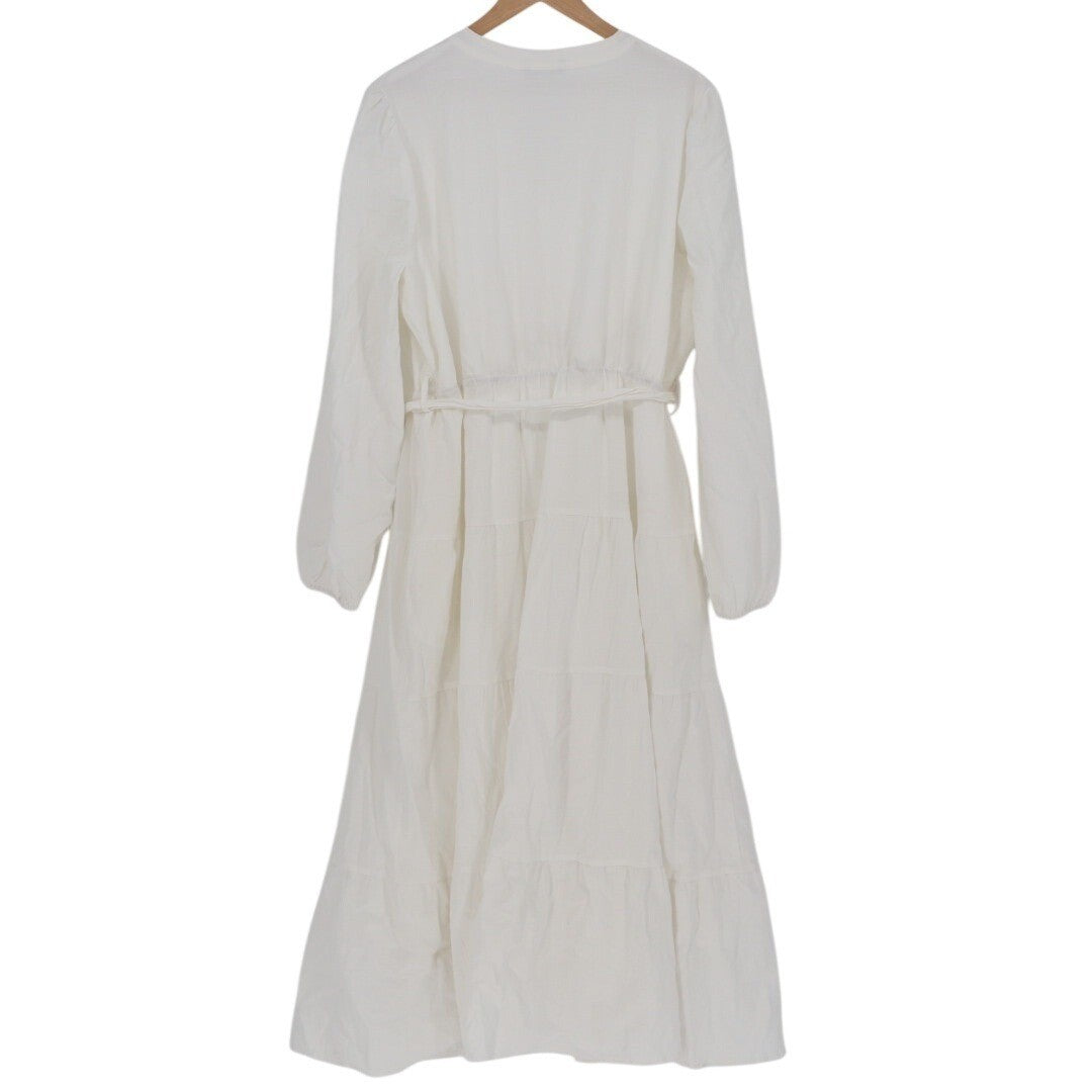 Pretty Garden White Cotton Viscose Tiered Maxi Dress Belted Long Sleeve XXL