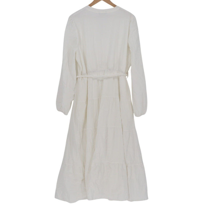 Pretty Garden White Cotton Viscose Tiered Maxi Dress Belted Long Sleeve XXL