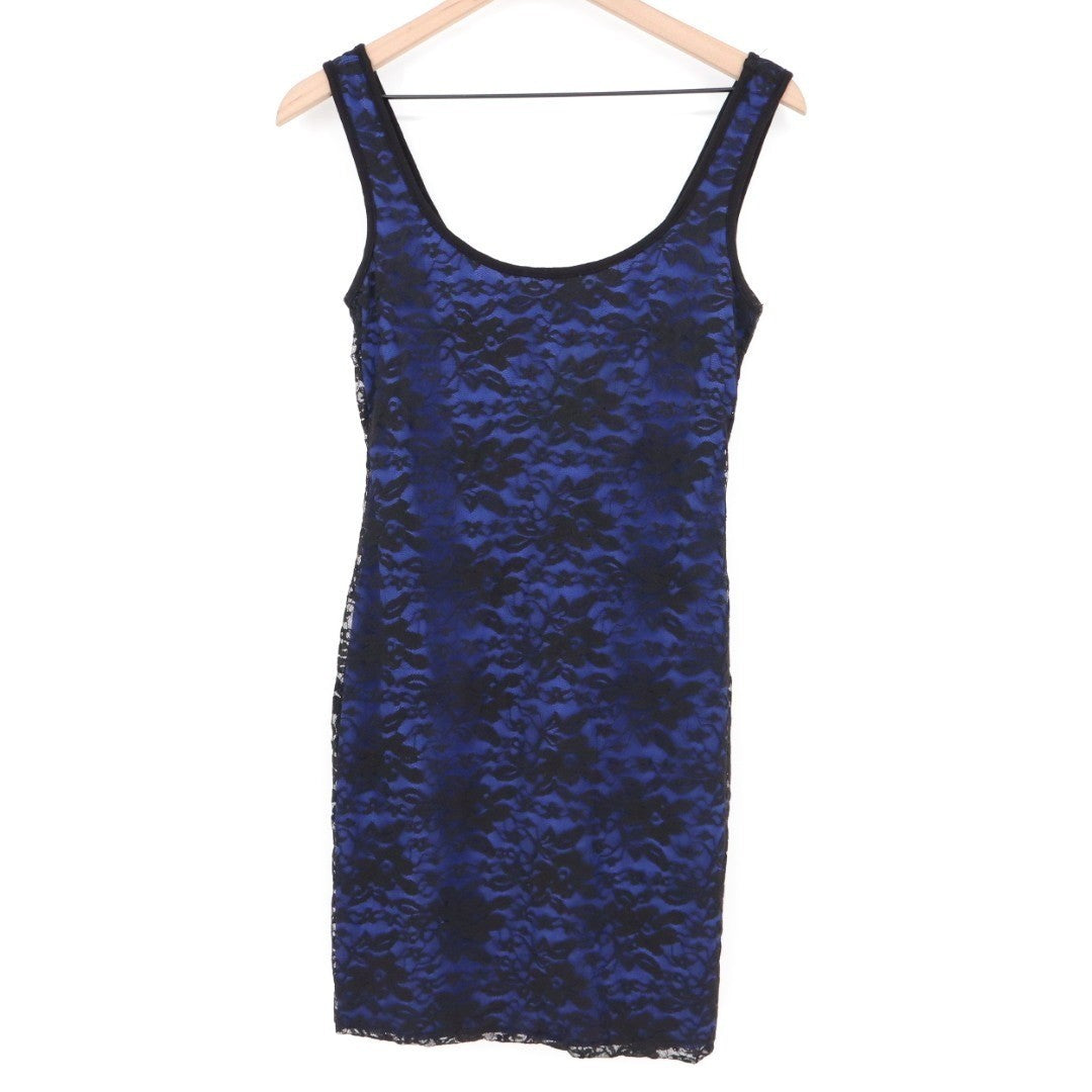 Lily Rose Tank Top Womens Medium Blue Black Lace Detail Scoop Neck Wide Strap